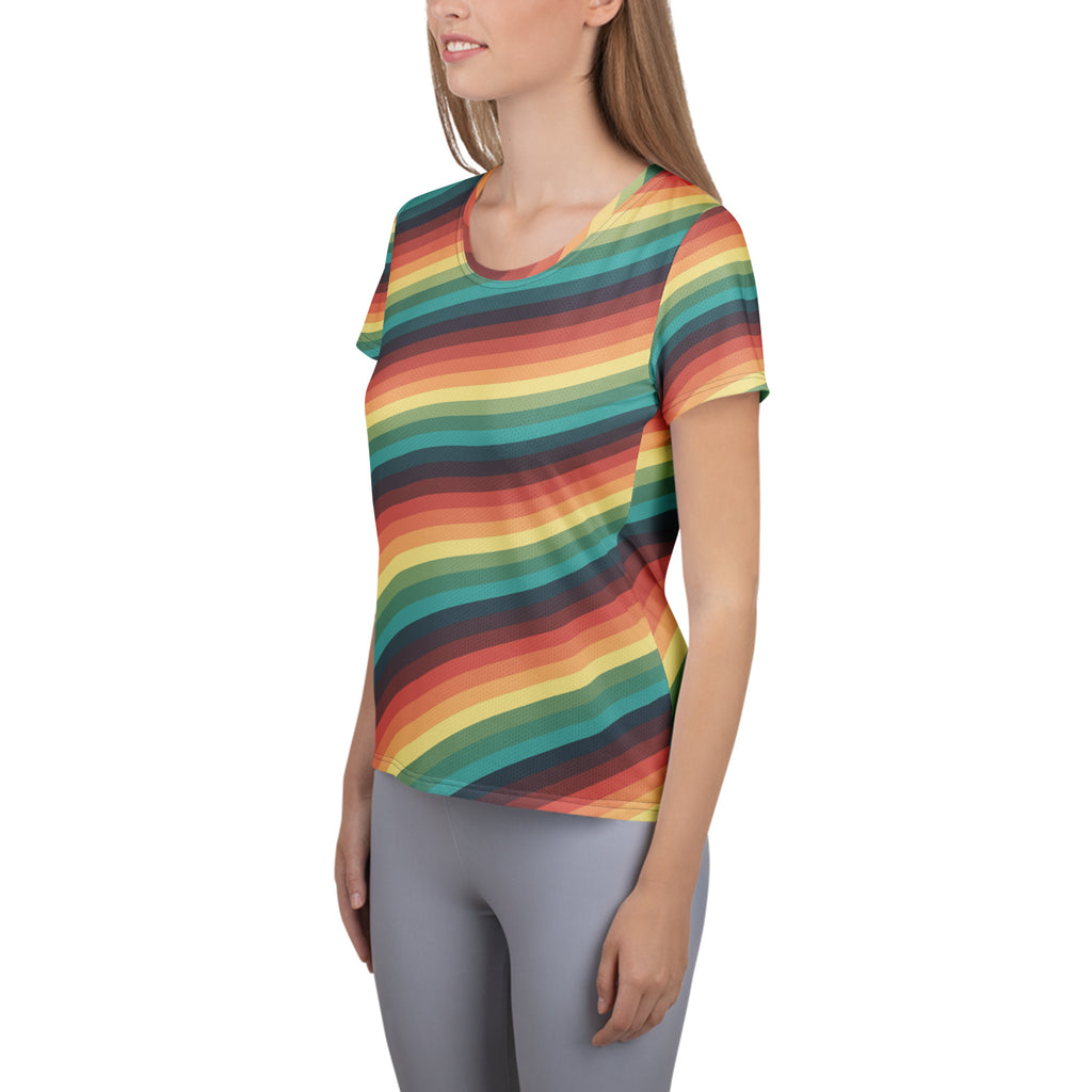 Women’s Retro Rainbow Stripe Athletic T-Shirt - Lightweight Moisture Wicking Workout Top With UPF 50+
