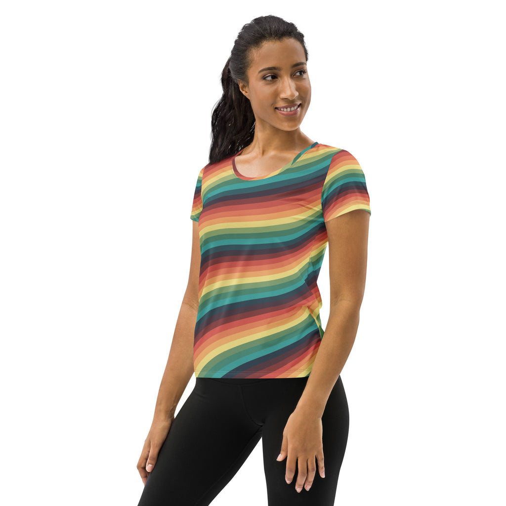 Women’s Retro Rainbow Stripe Athletic T-Shirt - Lightweight Moisture Wicking Workout Top With UPF 50+