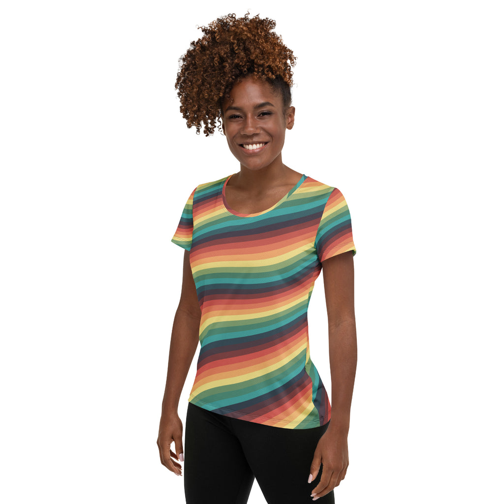 Women’s Retro Rainbow Stripe Athletic T-Shirt - Lightweight Moisture Wicking Workout Top With UPF 50+