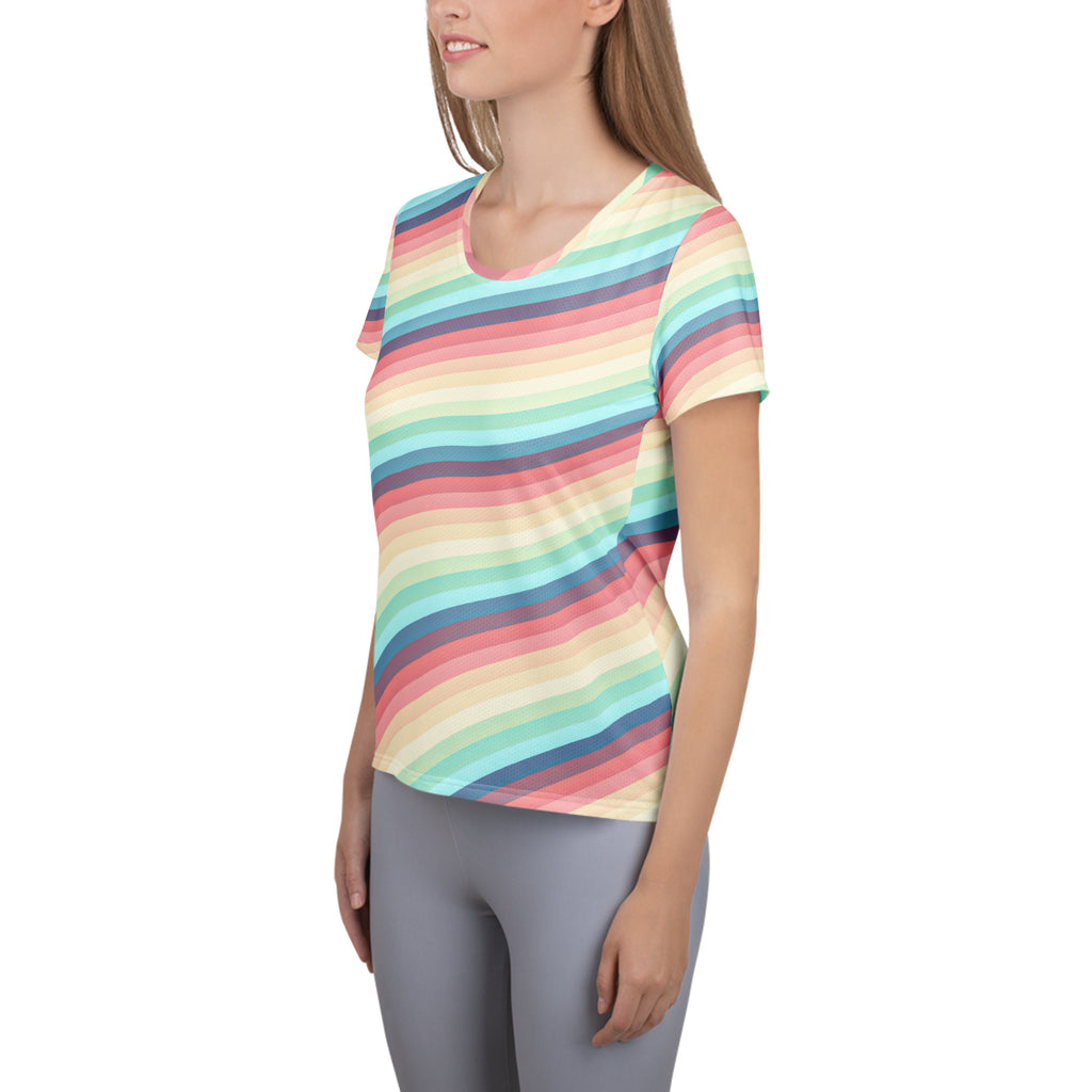 Women’s Pastel Rainbow Wave Athletic T-Shirt - Lightweight Moisture Wicking Workout Top With UPF 50+