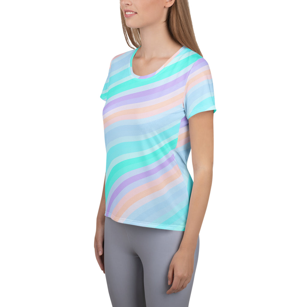 Women’s Pastel Aqua Rainbow Stripe Athletic T-Shirt - Lightweight Moisture Wicking Workout Top With UPF 50+