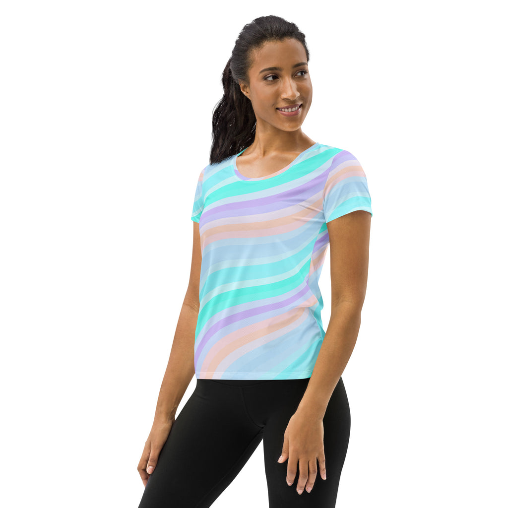 Women’s Pastel Aqua Rainbow Stripe Athletic T-Shirt - Lightweight Moisture Wicking Workout Top With UPF 50+