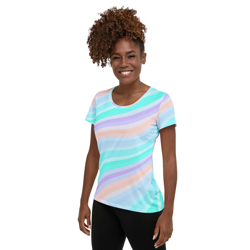 Women’s Pastel Aqua Rainbow Stripe Athletic T-Shirt - Lightweight Moisture Wicking Workout Top With UPF 50+