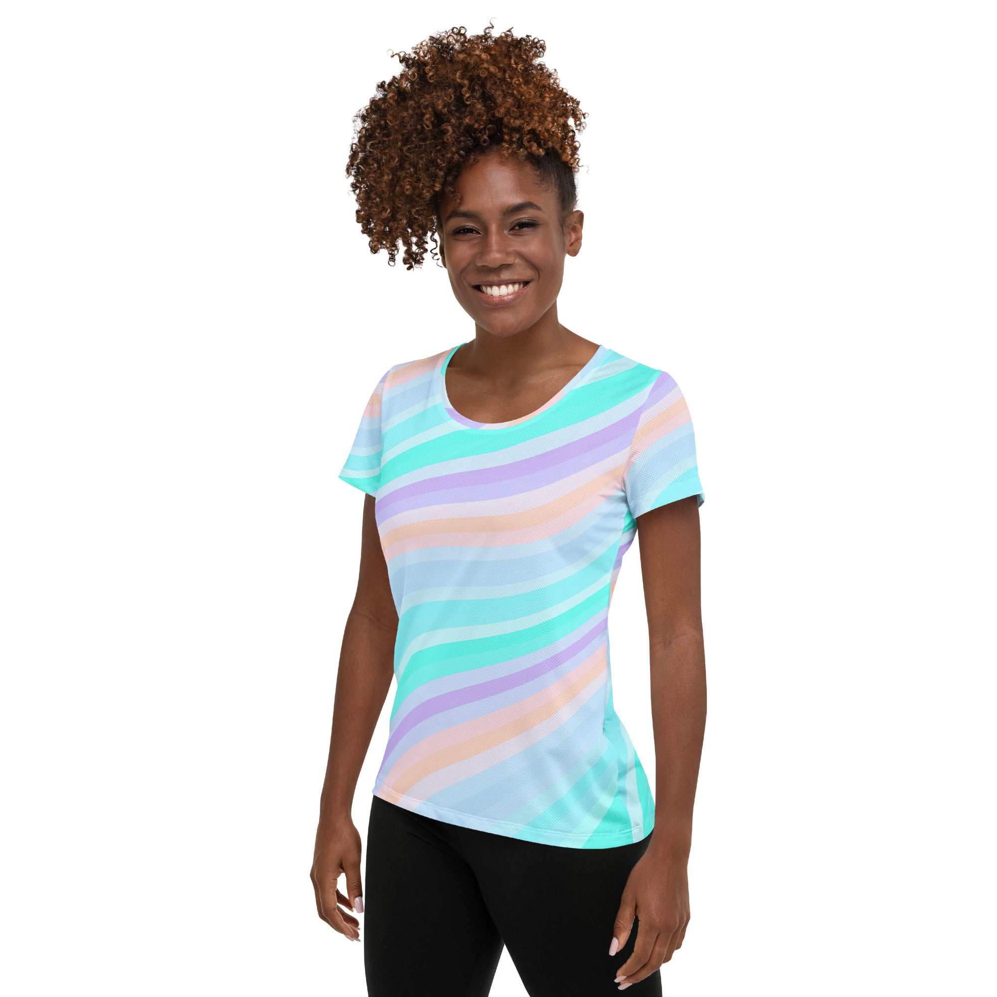 Women’s Pastel Aqua Rainbow Stripe Athletic T-Shirt - Lightweight Moisture Wicking Workout Top With UPF 50+