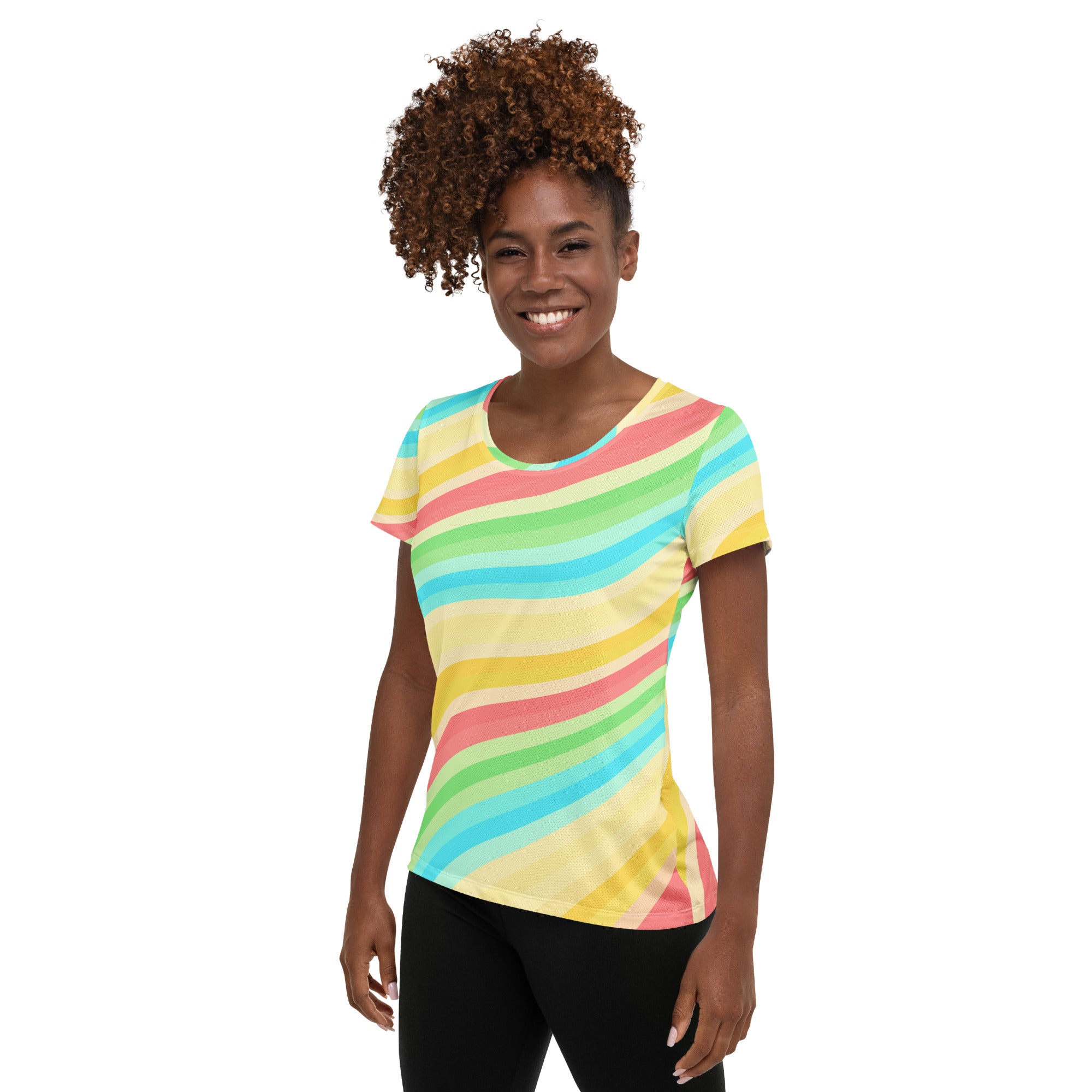 Women’s Wavy Yellow Aqua Athletic T-Shirt - Lightweight Moisture Wicking Workout Top With UPF 50+