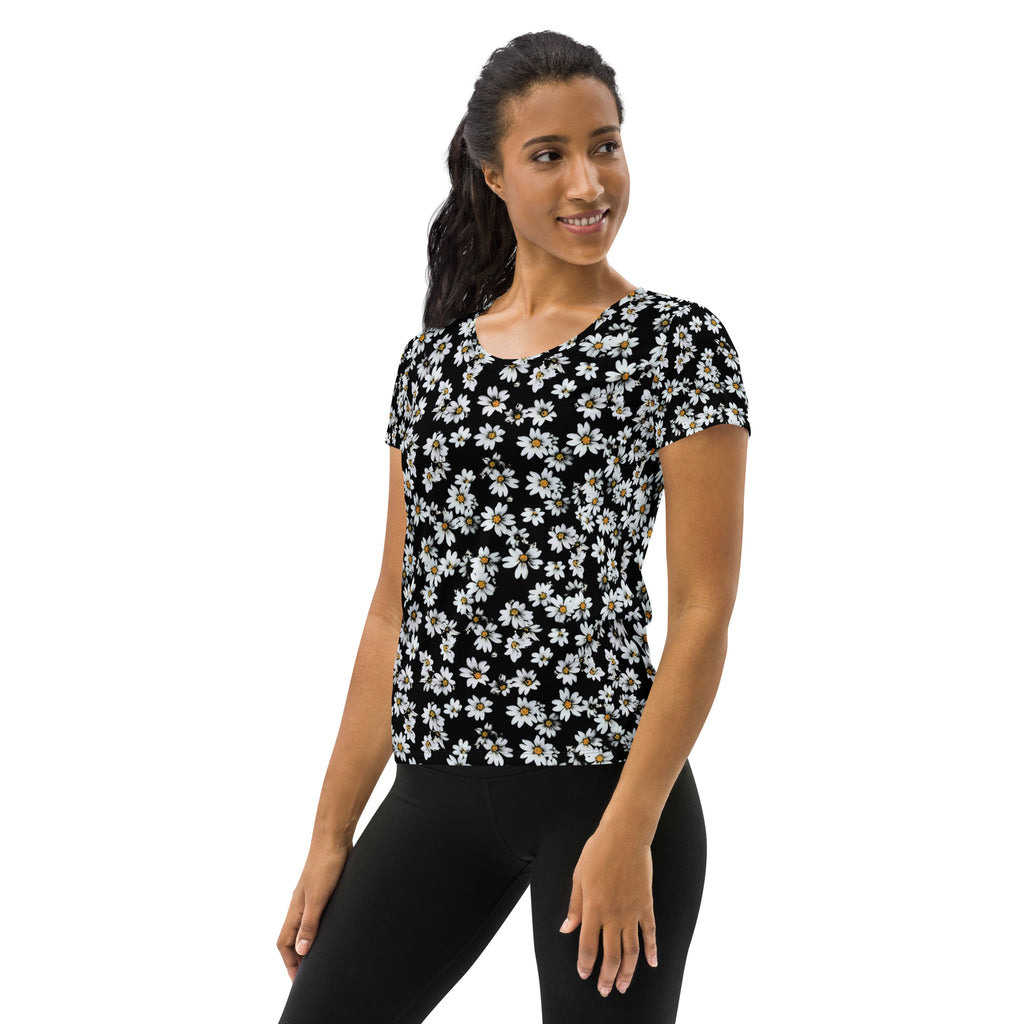 Women’s Black Daisy Athletic T-Shirt - Lightweight Moisture Wicking Workout Top With UPF 50+