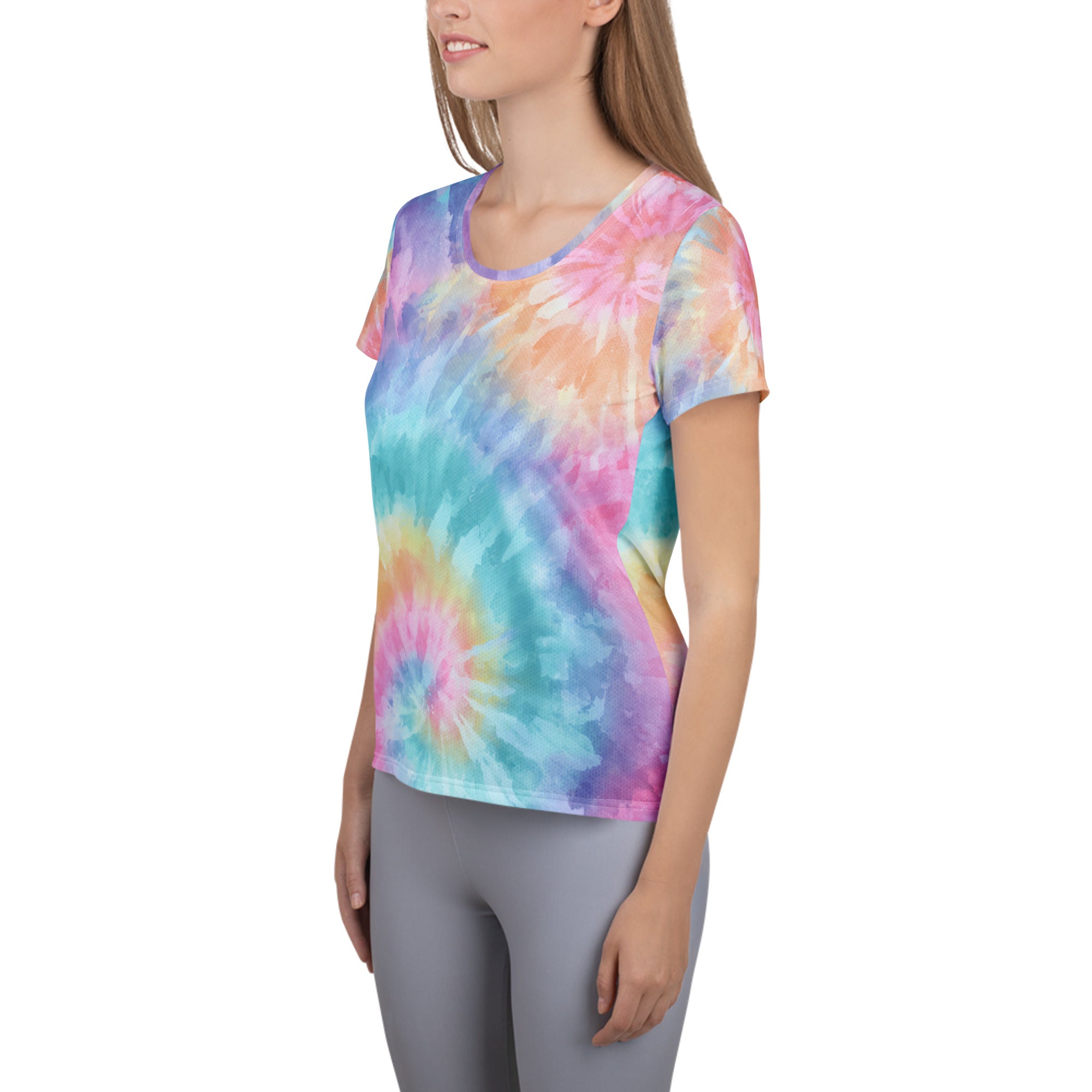 Women’s Rainbow Swirl Tie Dye Athletic T-Shirt - Lightweight Moisture Wicking Workout Top With UPF 50+
