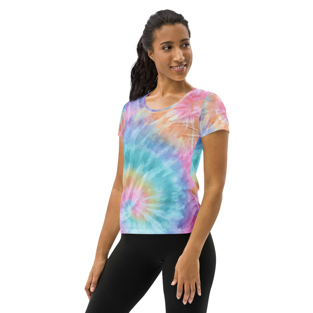 Women’s Rainbow Swirl Tie Dye Athletic T-Shirt - Lightweight Moisture Wicking Workout Top With UPF 50+
