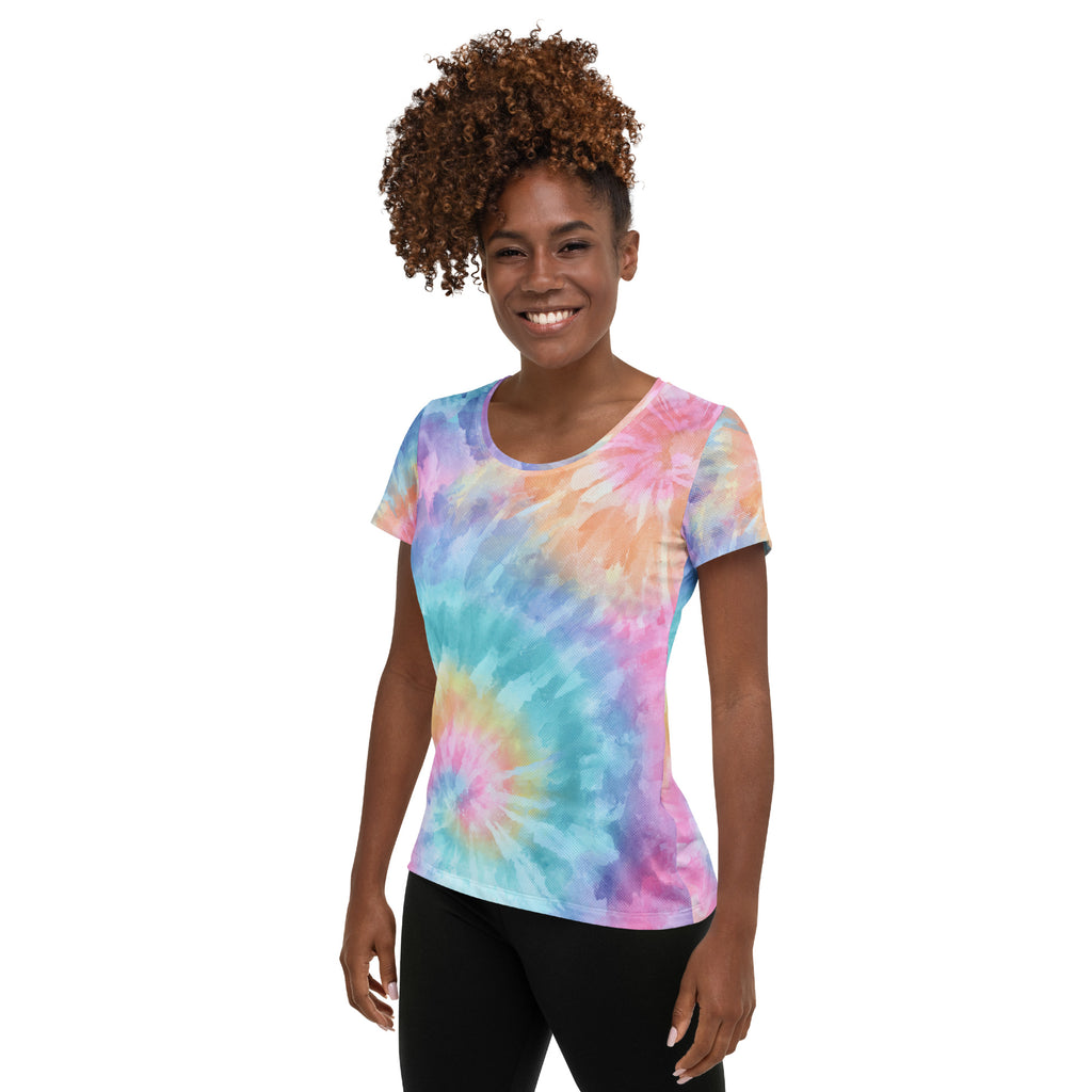 Women’s Rainbow Swirl Tie Dye Athletic T-Shirt - Lightweight Moisture Wicking Workout Top With UPF 50+