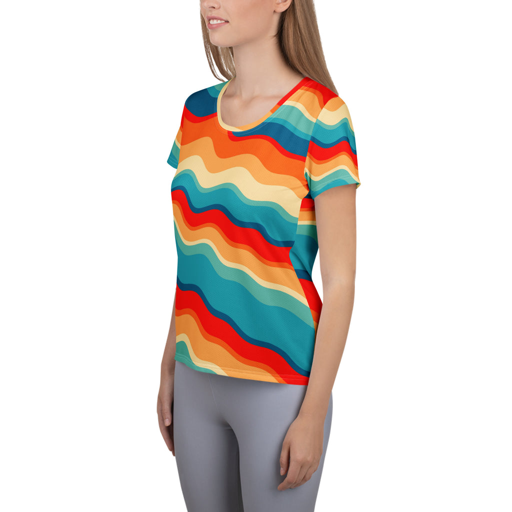 Women’s Bright Sunset Wave Athletic T-Shirt - Lightweight Moisture Wicking Workout Top With UPF 50+