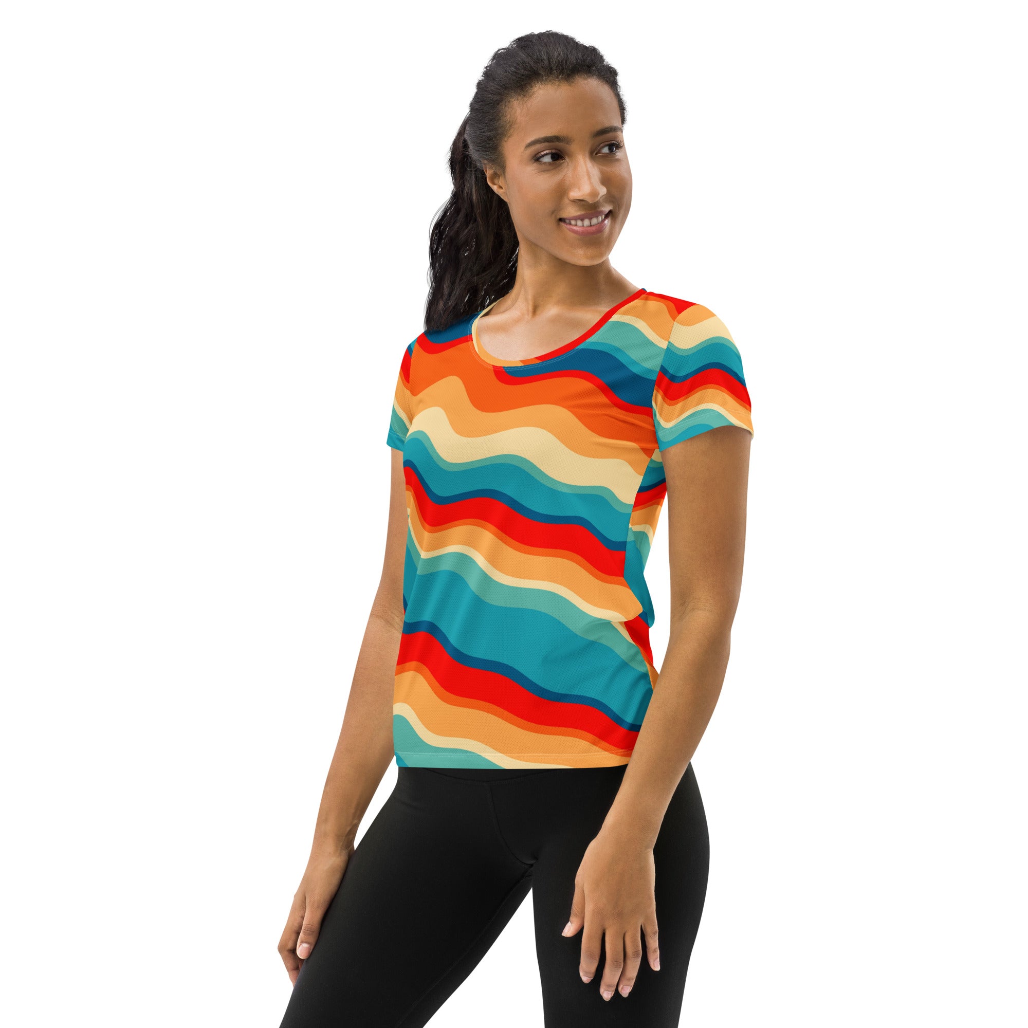 Women’s Bright Sunset Wave Athletic T-Shirt - Lightweight Moisture Wicking Workout Top With UPF 50+