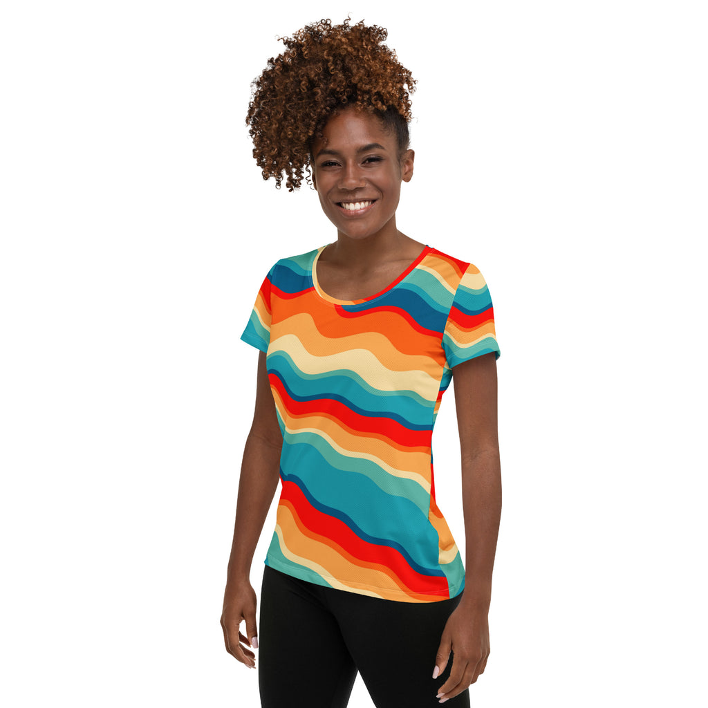 Women’s Bright Sunset Wave Athletic T-Shirt - Lightweight Moisture Wicking Workout Top With UPF 50+