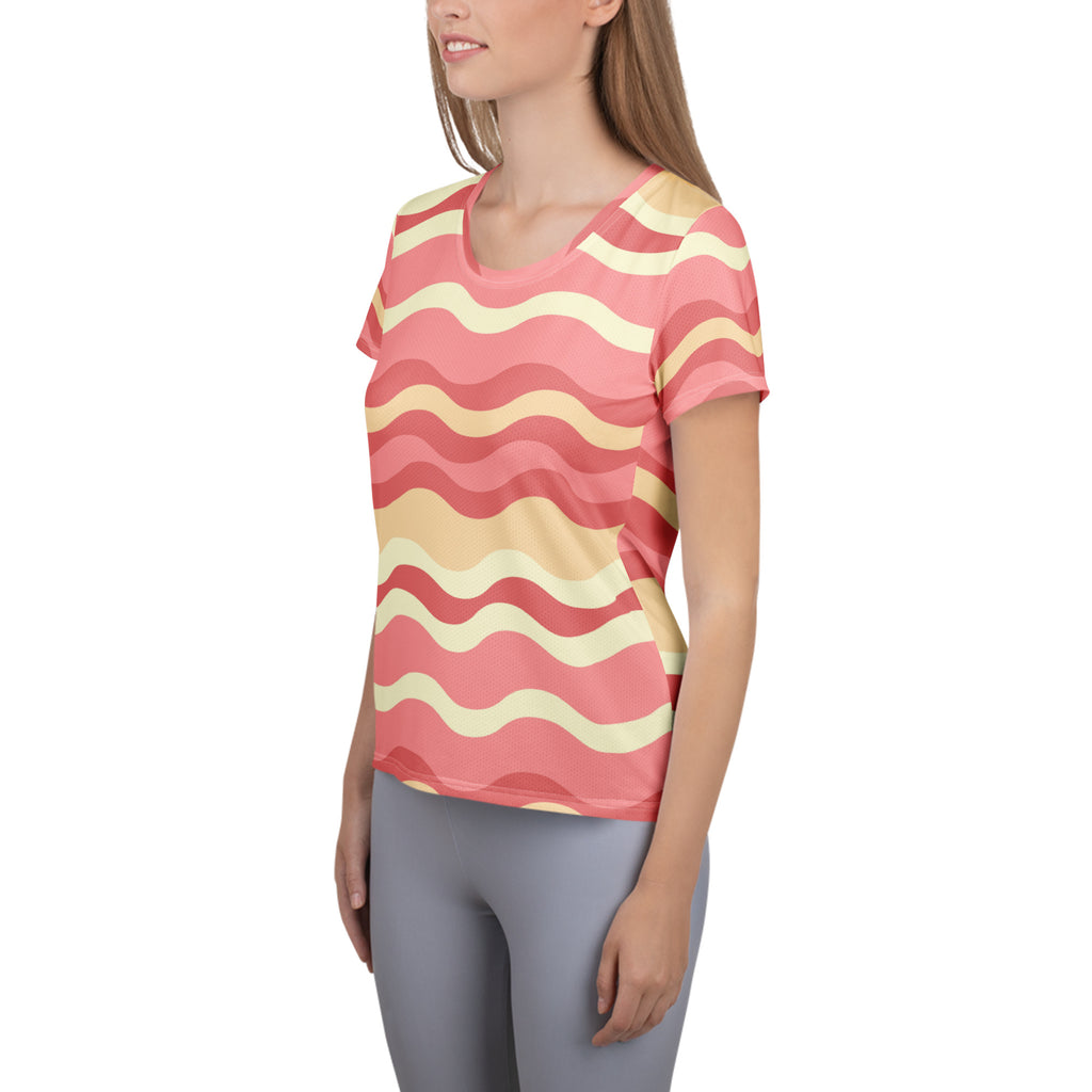 Women’s Coastal Sand Pink Wavy Stripe Athletic T-Shirt - Lightweight Moisture Wicking Workout Top With UPF 50+