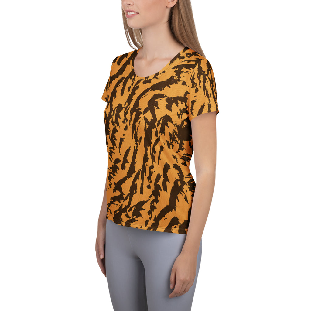 Women’s Golden Brown Abstract Animal Print Athletic T-Shirt - Lightweight Moisture Wicking Workout Top With UPF 50+