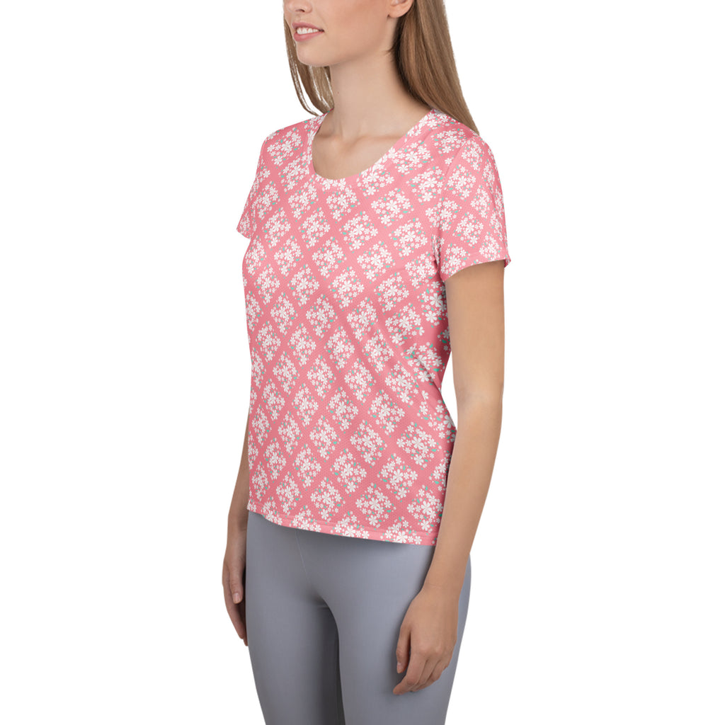 Women’s Pink Floral Diamond Athletic T-Shirt - Lightweight Moisture Wicking Workout Top With UPF 50+