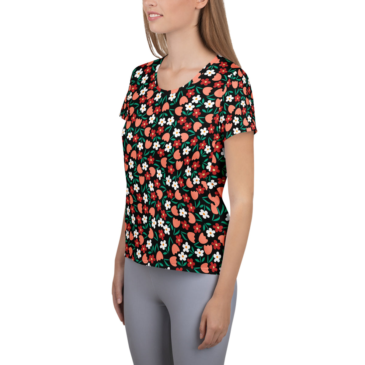 Women’s Strawberry Floral Athletic T-Shirt - Lightweight Moisture Wicking Workout Top With UPF 50+