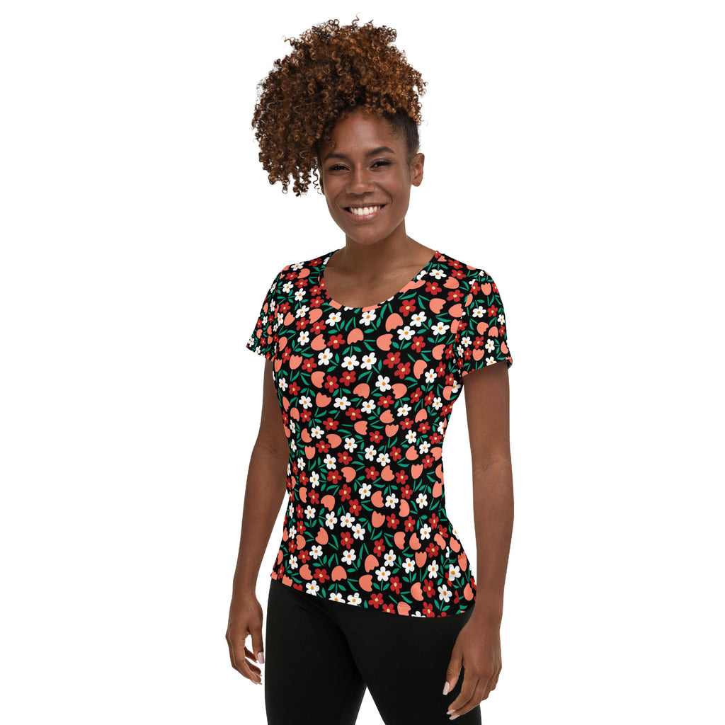 Women’s Strawberry Floral Athletic T-Shirt - Lightweight Moisture Wicking Workout Top With UPF 50+