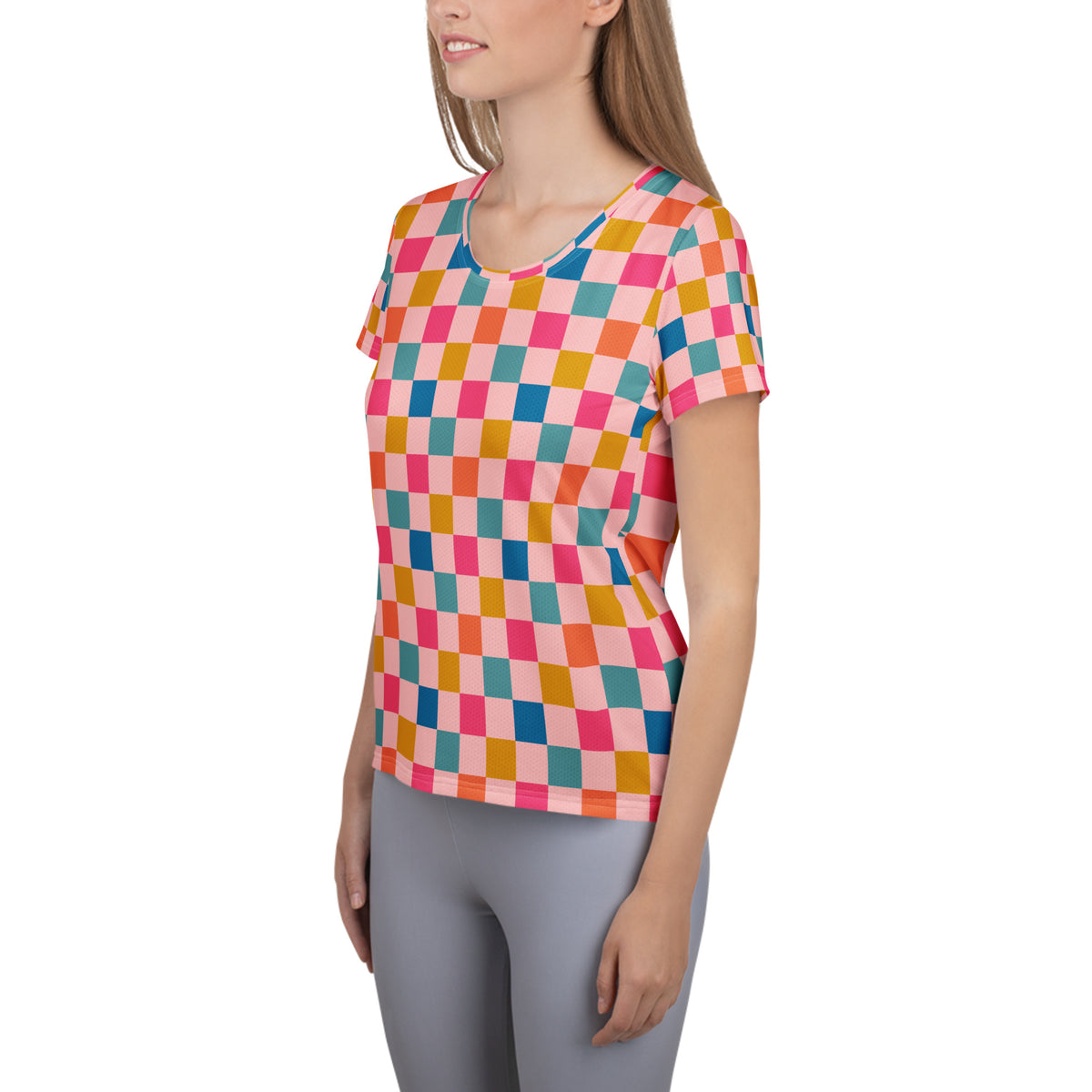 Women’s Pink Retro Checkered Athletic T-Shirt - Lightweight Moisture Wicking Workout Top With UPF 50+