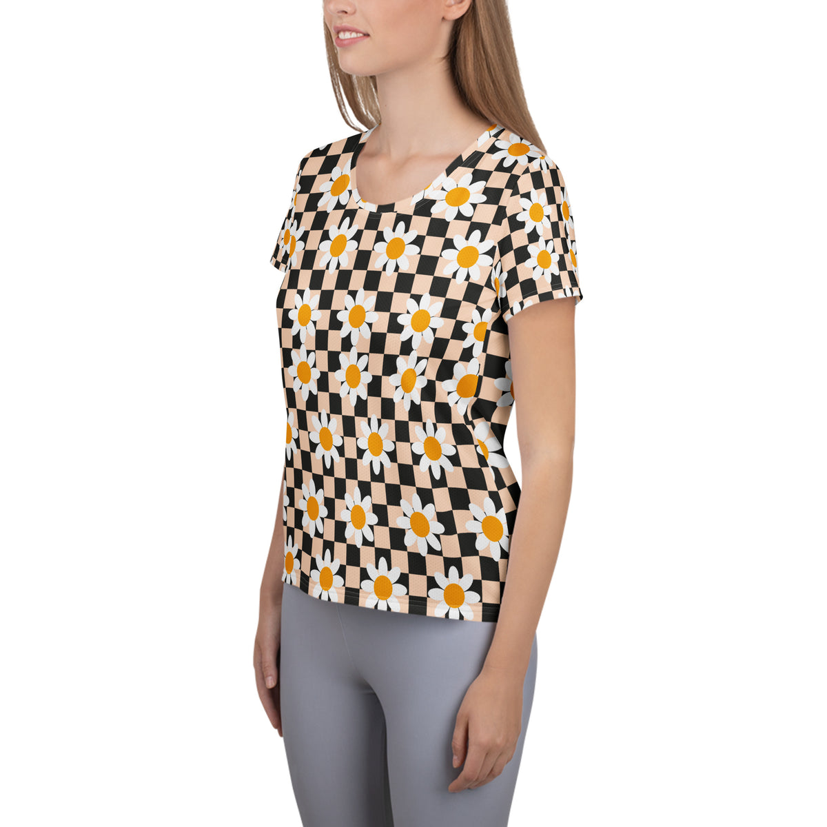 Women’s Daisy Checkerboard Athletic T-Shirt - Lightweight Moisture Wicking Workout Top With UPF 50+
