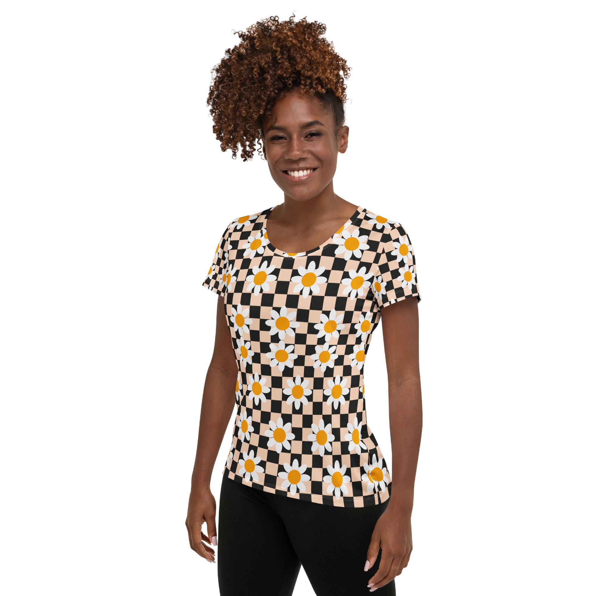Women’s Daisy Checkerboard Athletic T-Shirt - Lightweight Moisture Wicking Workout Top With UPF 50+