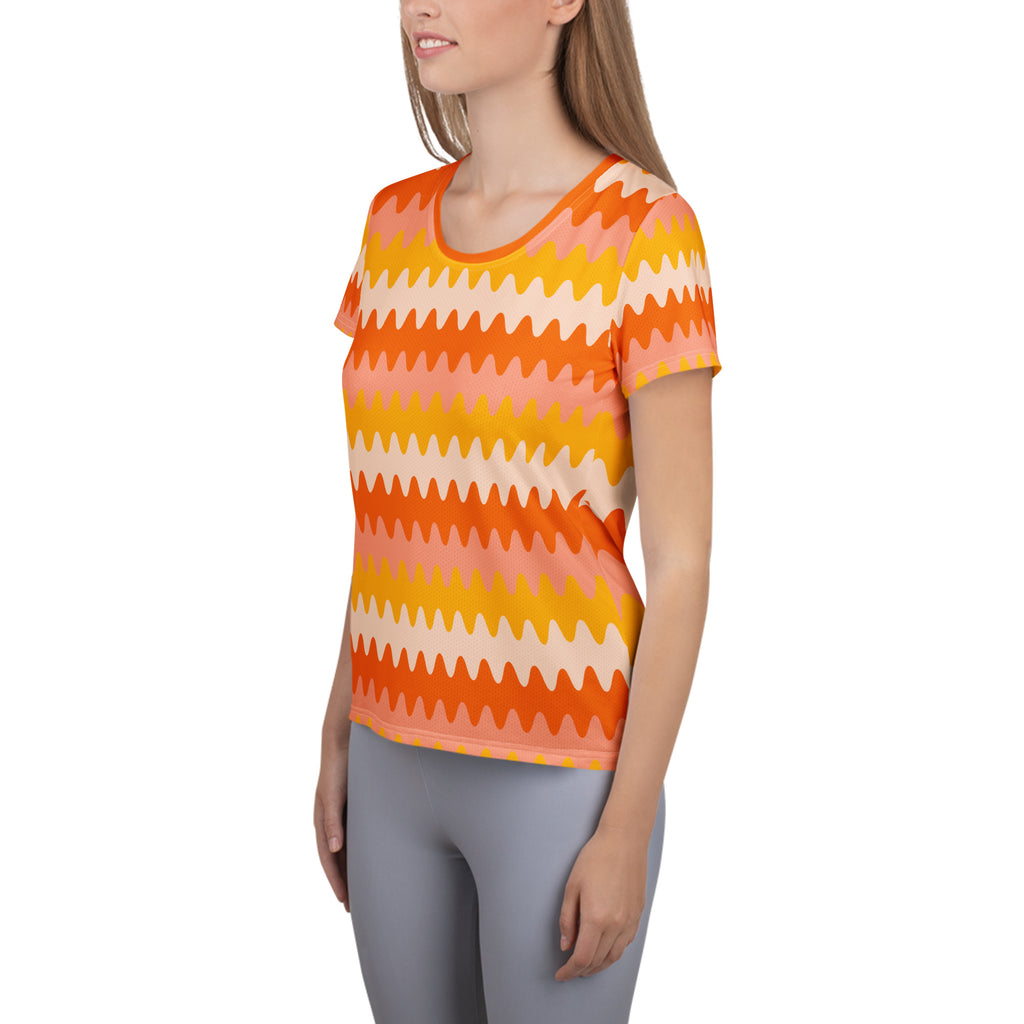 Women’s Orange Wavy Stripe Athletic T-Shirt - Lightweight Moisture Wicking Workout Top With UPF 50+