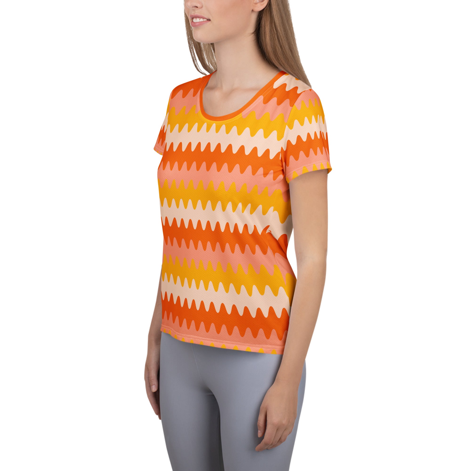 Women’s Orange Wavy Stripe Athletic T-Shirt - Lightweight Moisture Wicking Workout Top With UPF 50+