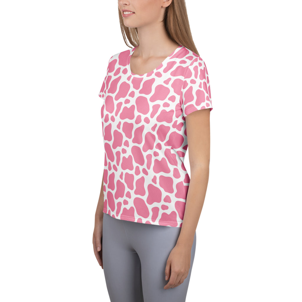 Women’s Pink Cow Print Athletic T-Shirt - Lightweight Moisture Wicking Workout Top With UPF 50+