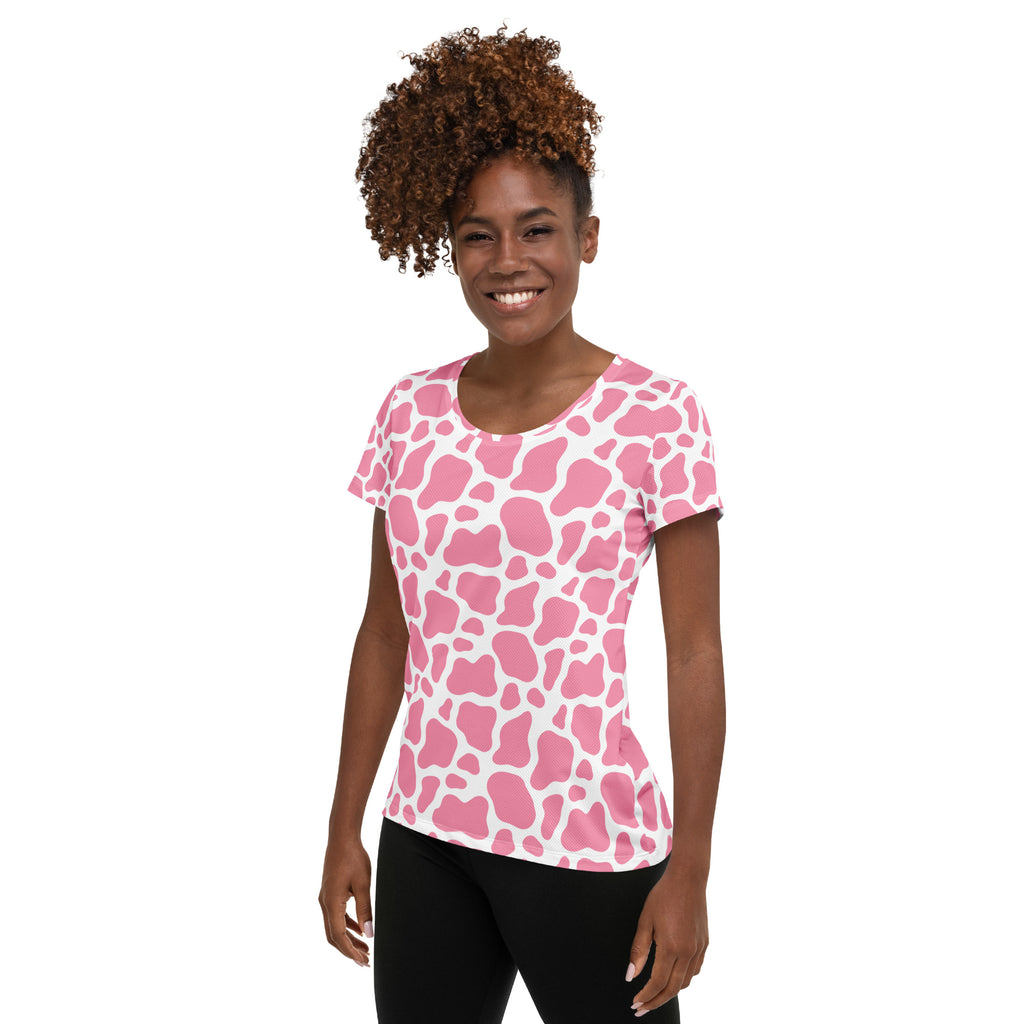 Women’s Pink Cow Print Athletic T-Shirt - Lightweight Moisture Wicking Workout Top With UPF 50+