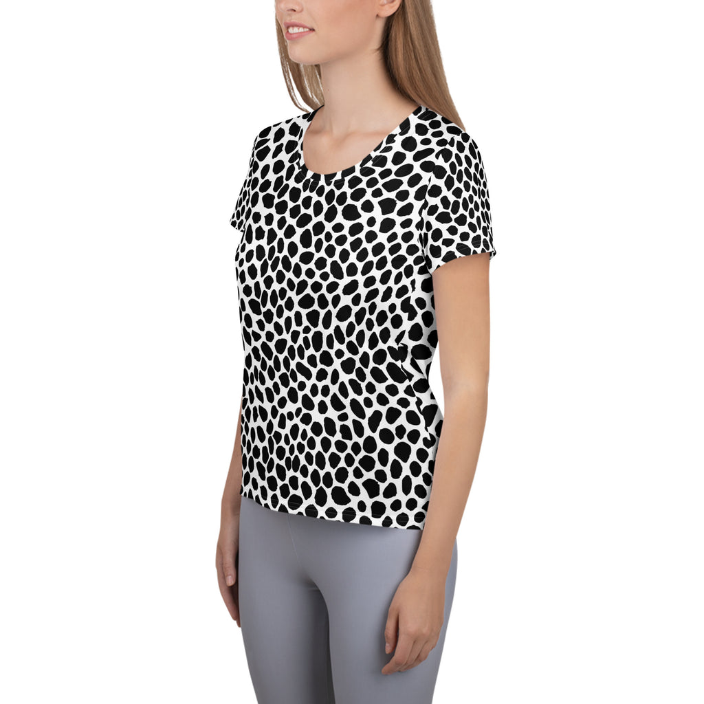Women’s Black & White Spotted Animal Print Athletic T-Shirt - Lightweight Moisture Wicking Workout Top With UPF 50+