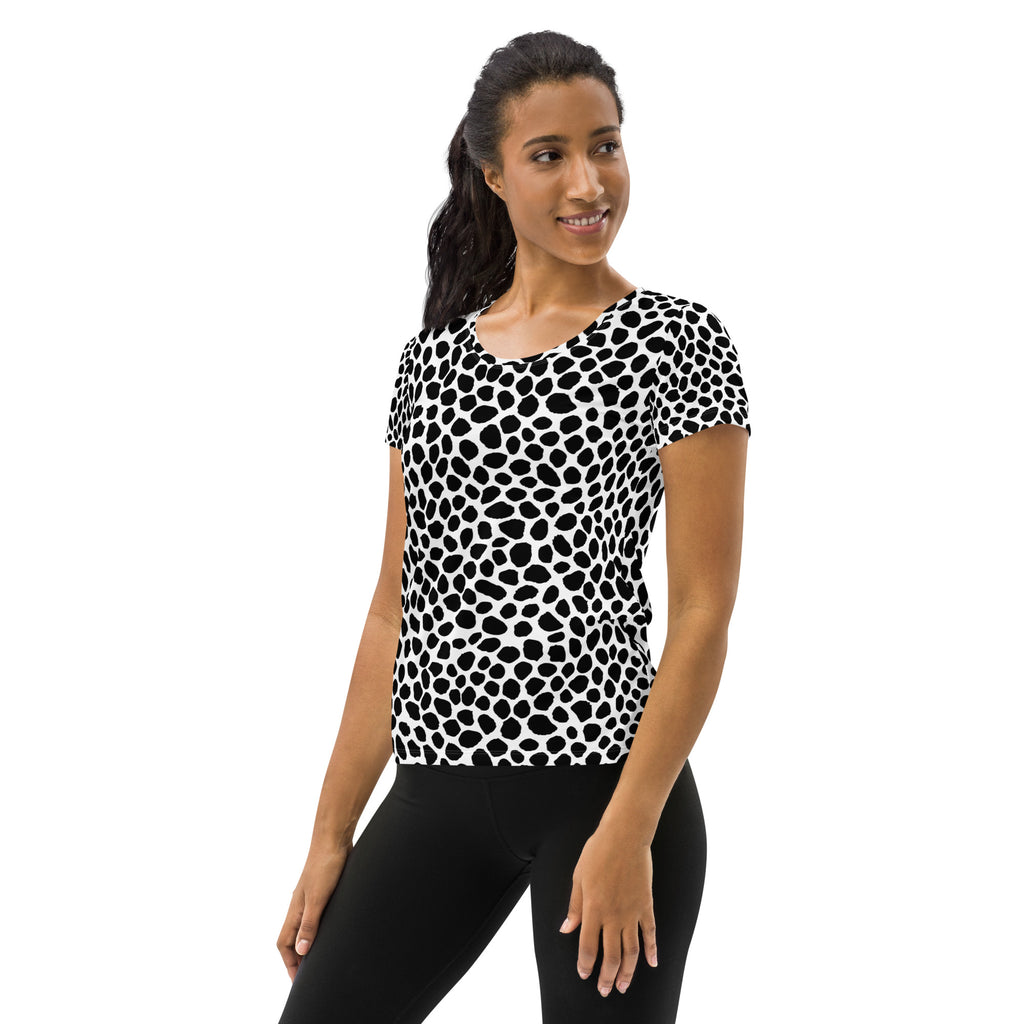 Women’s Black & White Spotted Animal Print Athletic T-Shirt - Lightweight Moisture Wicking Workout Top With UPF 50+