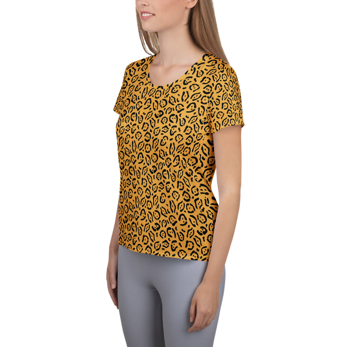 Women’s Golden Leopard Print Athletic T-Shirt - Lightweight Moisture Wicking Workout Top With UPF 50+