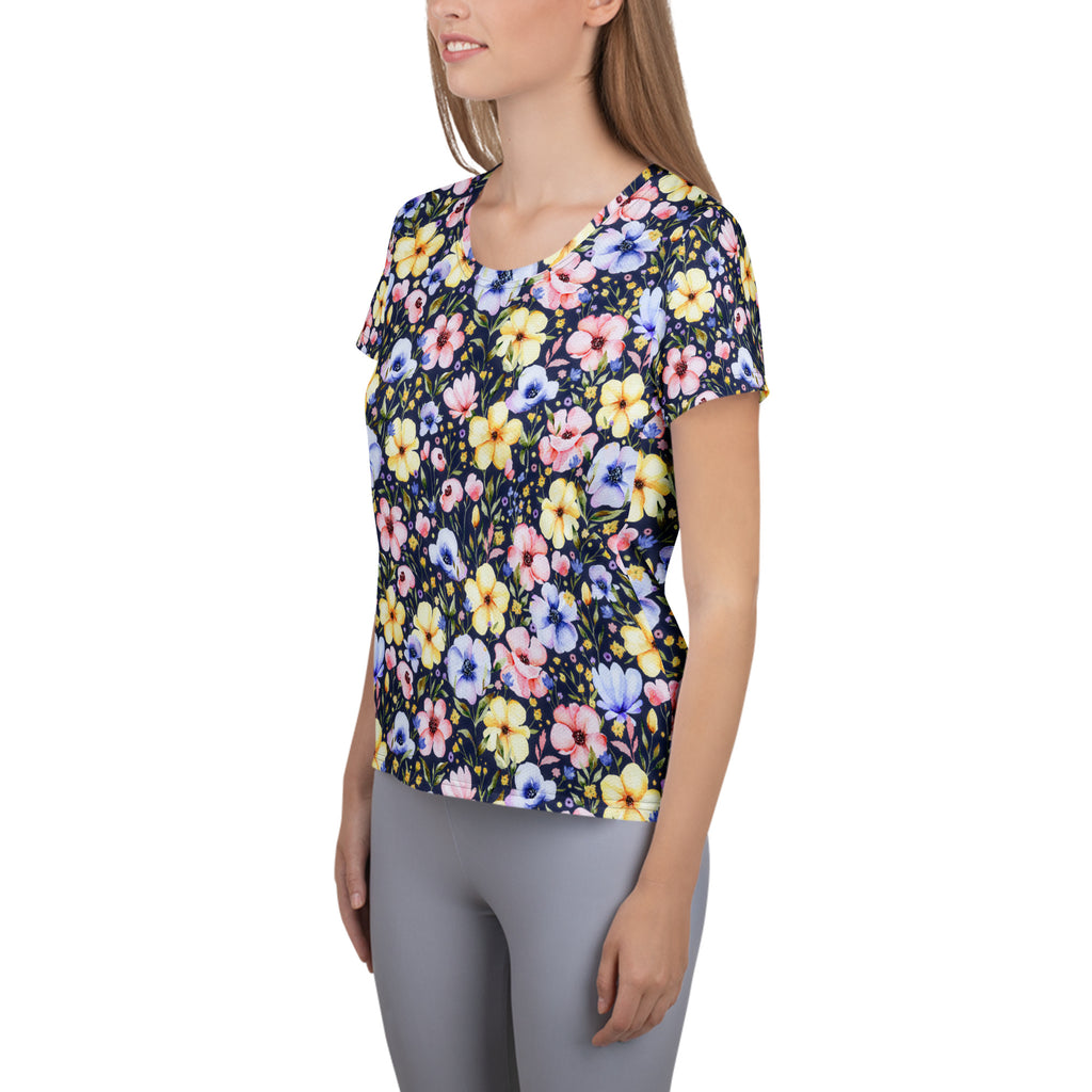 Women’s Navy Wildflower Athletic T-Shirt - Lightweight Moisture Wicking Workout Top With UPF 50+