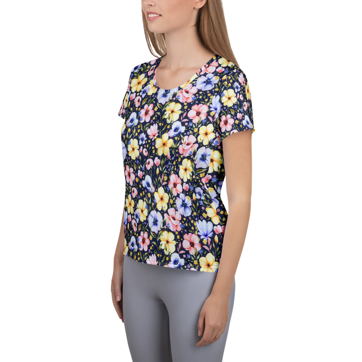 Women’s Navy Wildflower Athletic T-Shirt - Lightweight Moisture Wicking Workout Top With UPF 50+