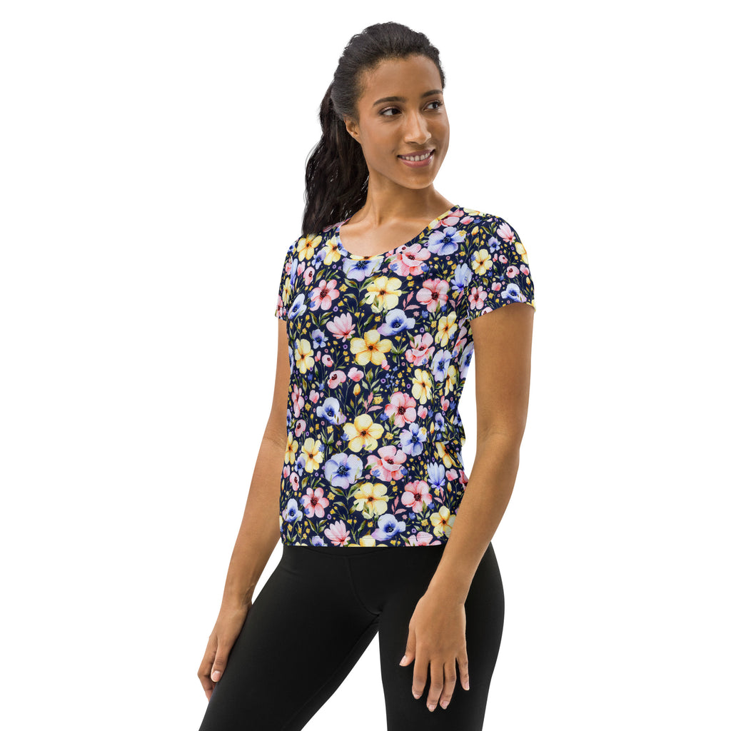 Women’s Navy Wildflower Athletic T-Shirt - Lightweight Moisture Wicking Workout Top With UPF 50+