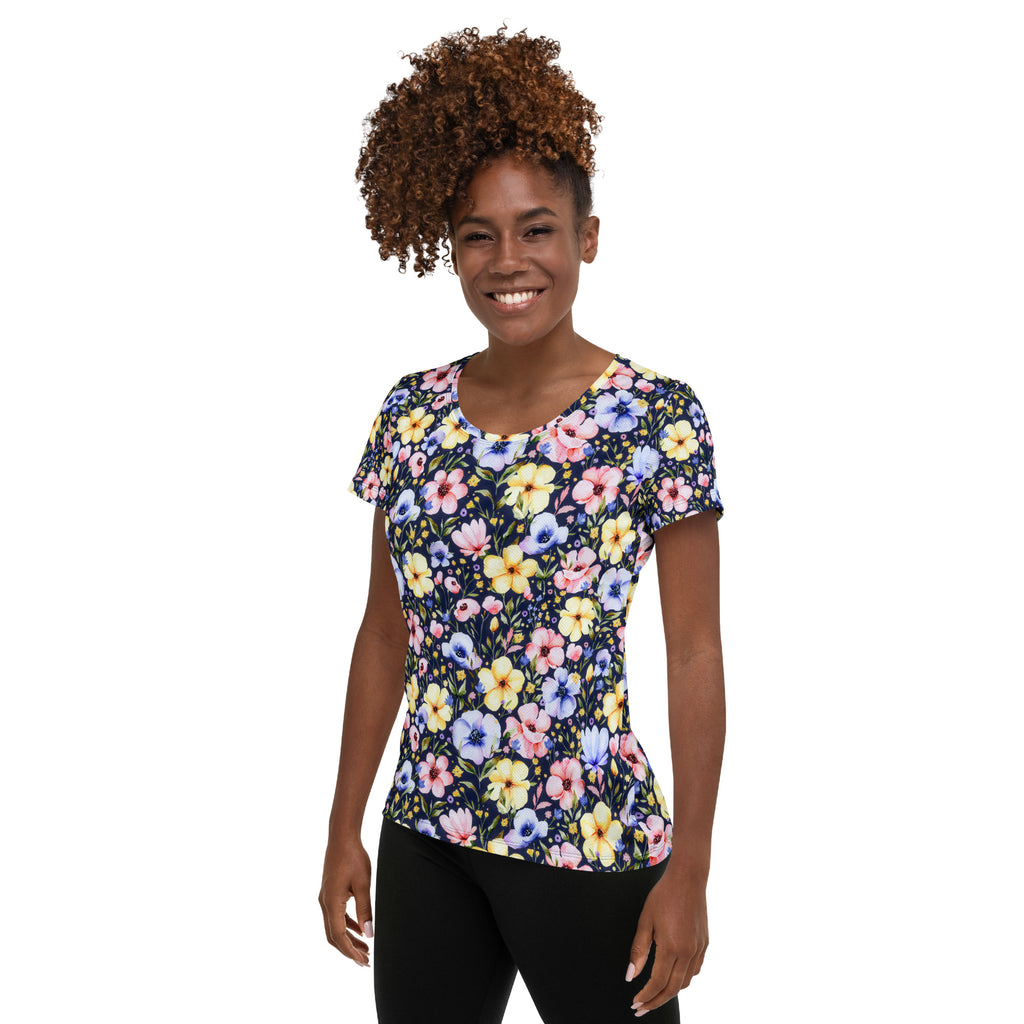Women’s Navy Wildflower Athletic T-Shirt - Lightweight Moisture Wicking Workout Top With UPF 50+