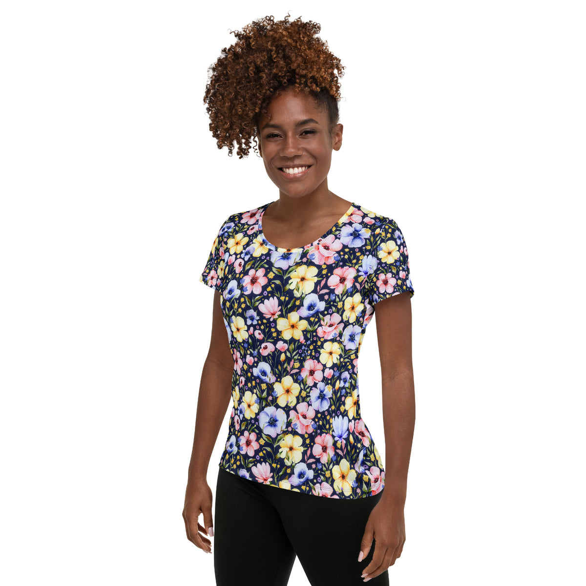 Women’s Navy Wildflower Athletic T-Shirt - Lightweight Moisture Wicking Workout Top With UPF 50+