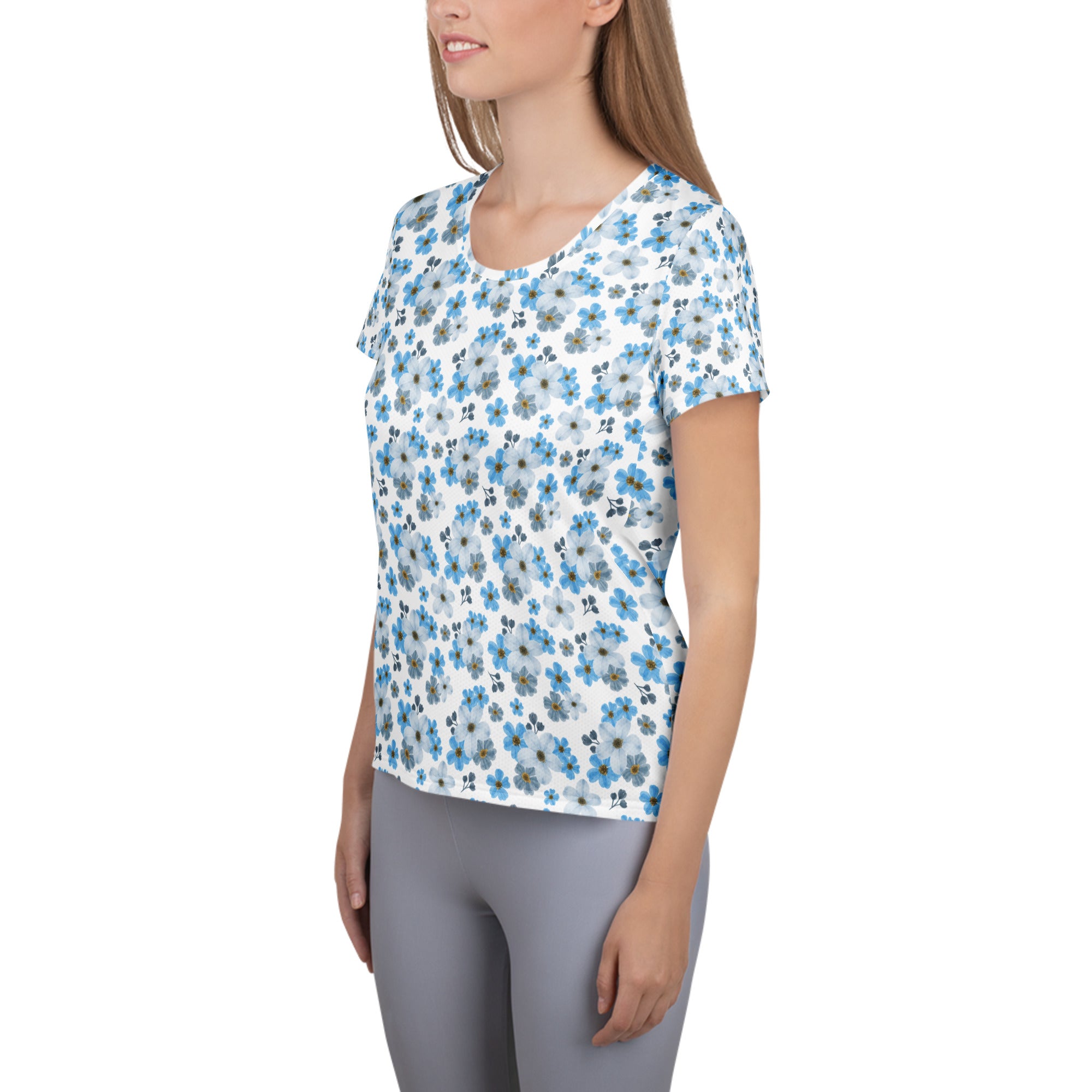 Women’s Watercolor Blue Floral Athletic T-Shirt - Lightweight Moisture Wicking Workout Top With UPF 50+
