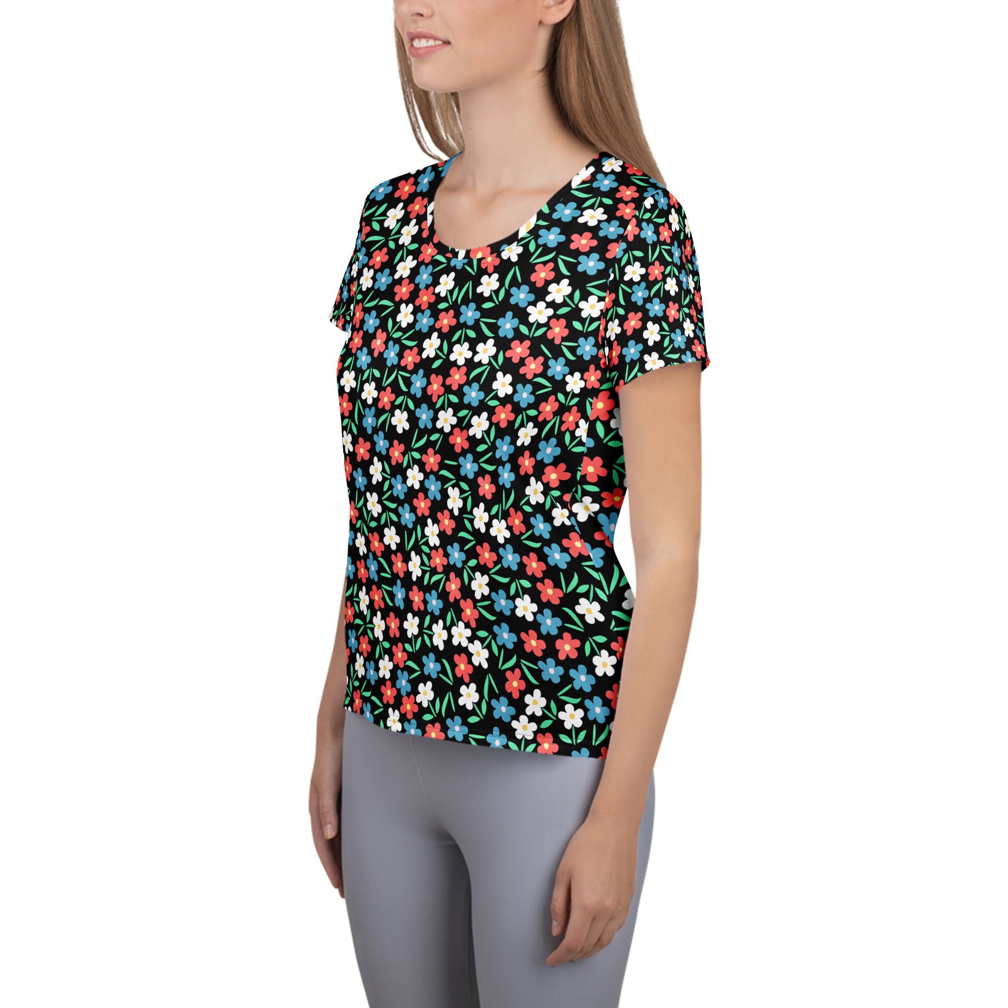 Women’s Colorful Black Wildflower Athletic T-Shirt - Lightweight Moisture Wicking Workout Top With UPF 50+