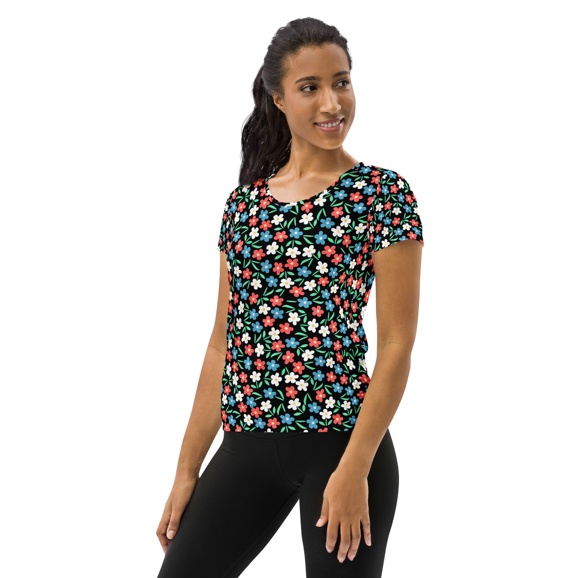 Women’s Colorful Black Wildflower Athletic T-Shirt - Lightweight Moisture Wicking Workout Top With UPF 50+