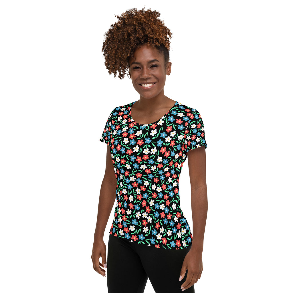 Women’s Colorful Black Wildflower Athletic T-Shirt - Lightweight Moisture Wicking Workout Top With UPF 50+