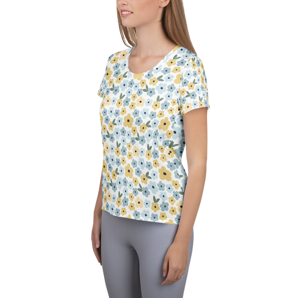 Women’s Blue & Yellow Floral Athletic T-Shirt - Lightweight Moisture Wicking Workout Top With UPF 50+