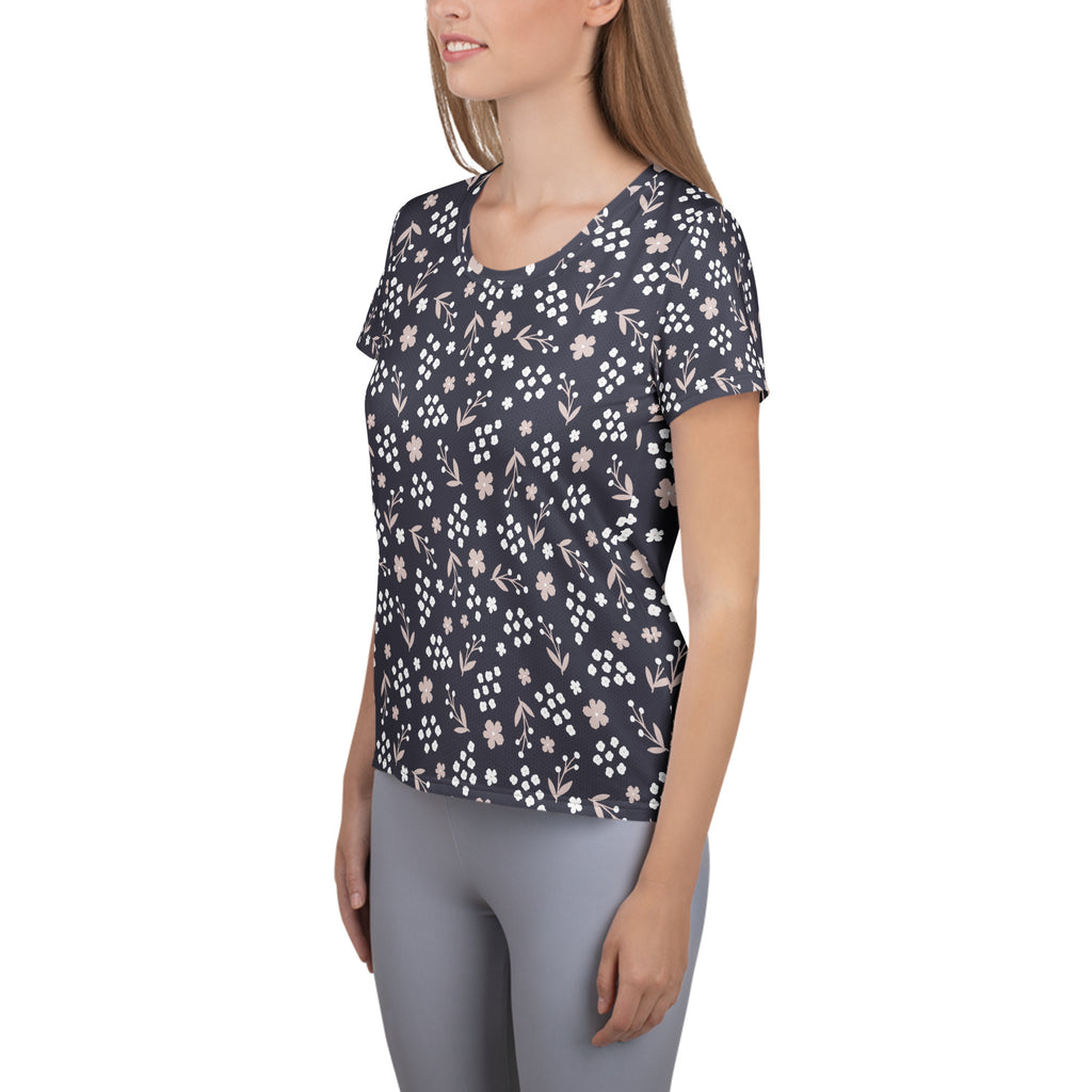 Women’s Charcoal Floral Athletic T-Shirt - Lightweight Moisture Wicking Workout Top With UPF 50+