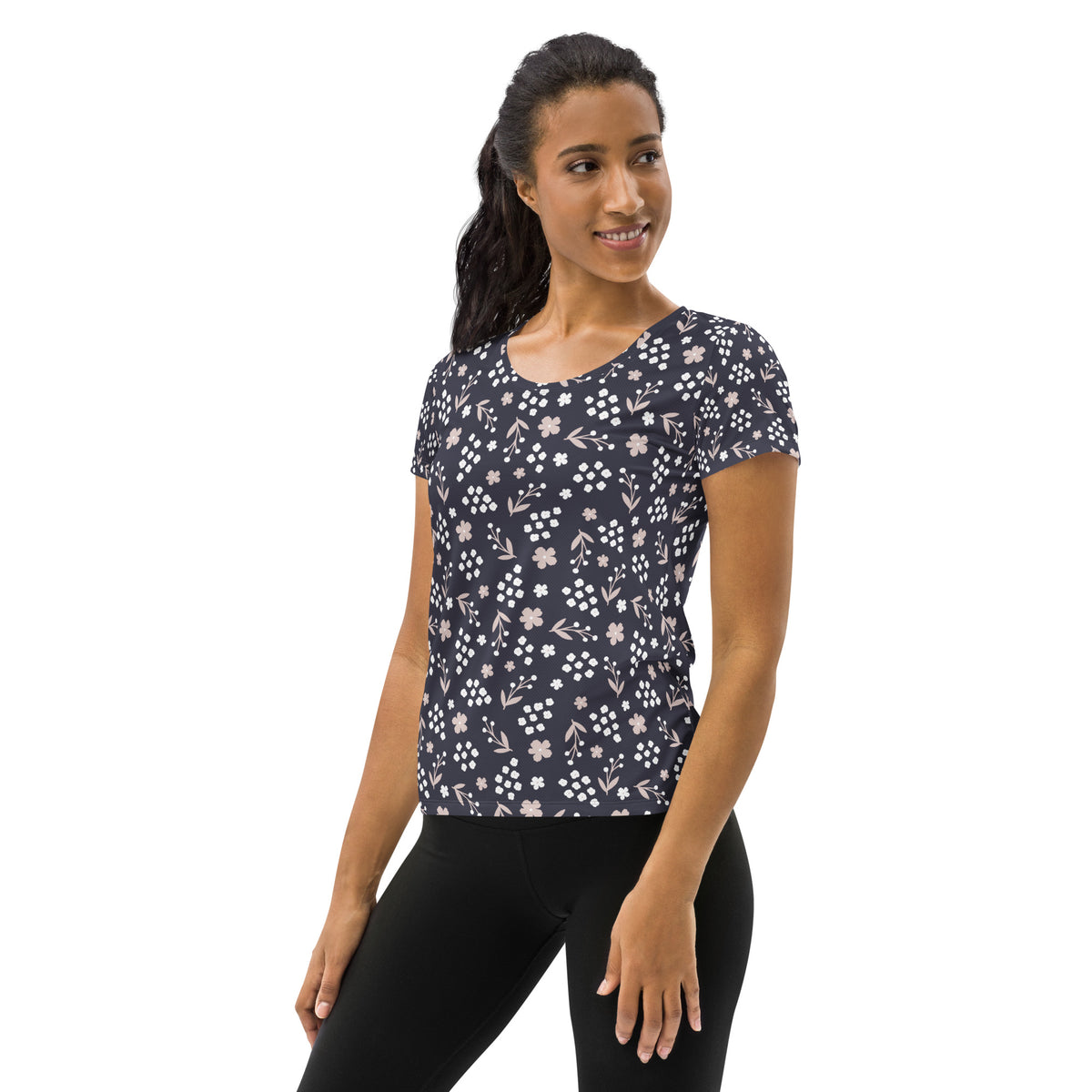Women’s Charcoal Floral Athletic T-Shirt - Lightweight Moisture Wicking Workout Top With UPF 50+
