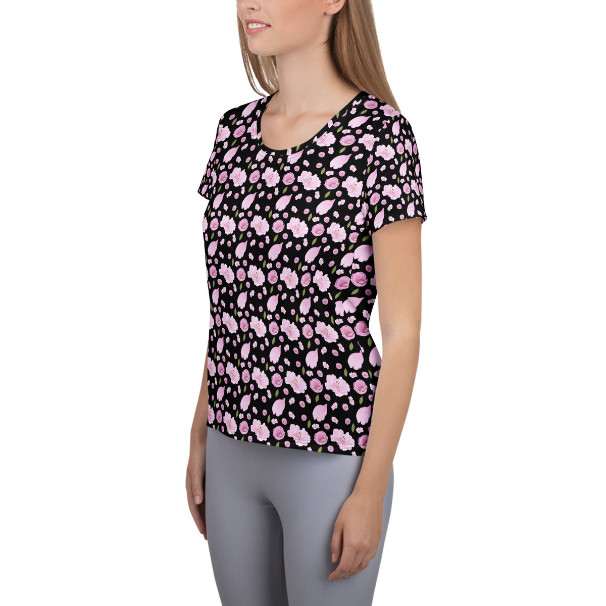 Women’s Black Blossom Athletic T-Shirt - Lightweight Moisture Wicking Workout Top With UPF 50+