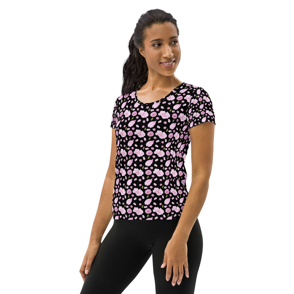 Women’s Black Blossom Athletic T-Shirt - Lightweight Moisture Wicking Workout Top With UPF 50+