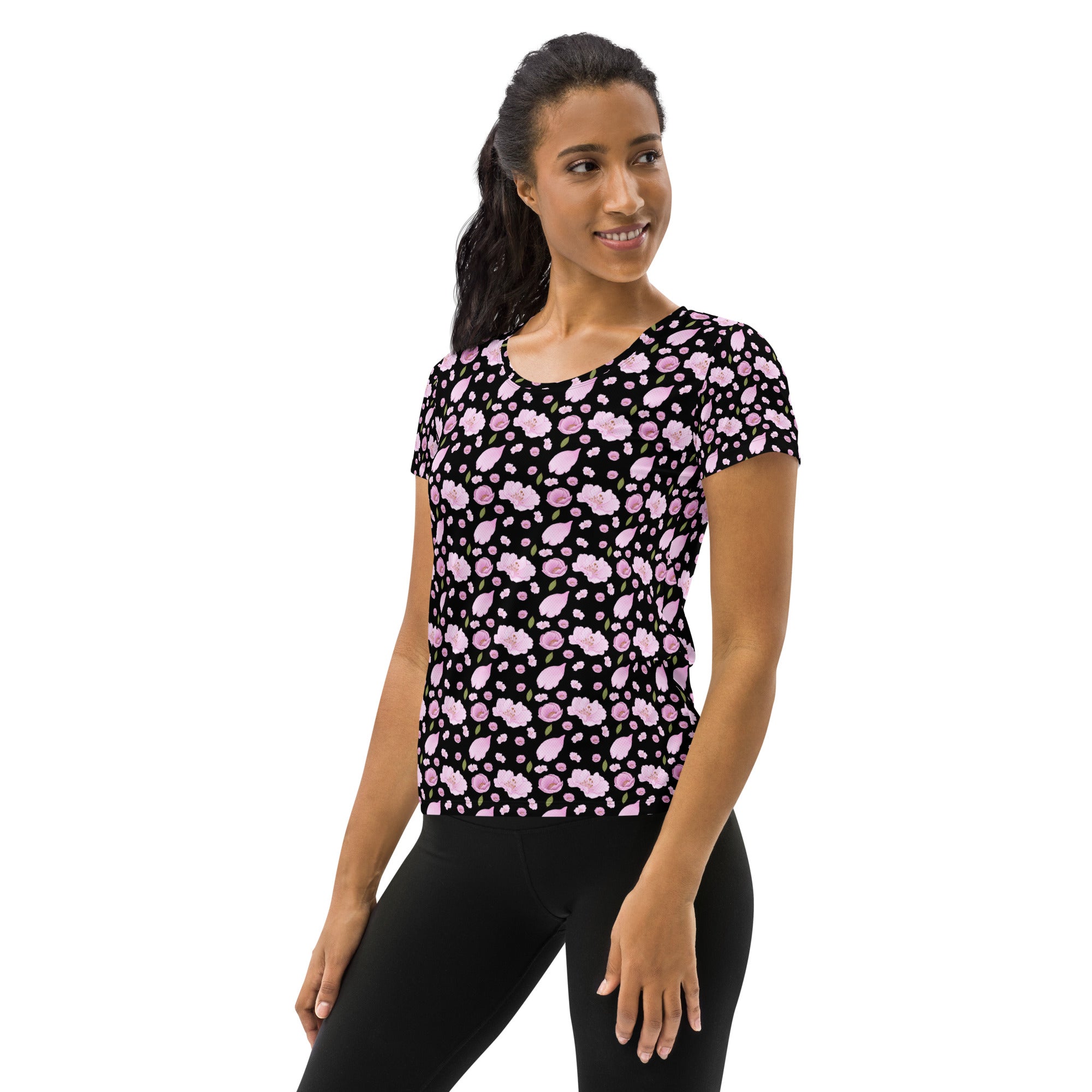Women’s Black Blossom Athletic T-Shirt - Lightweight Moisture Wicking Workout Top With UPF 50+