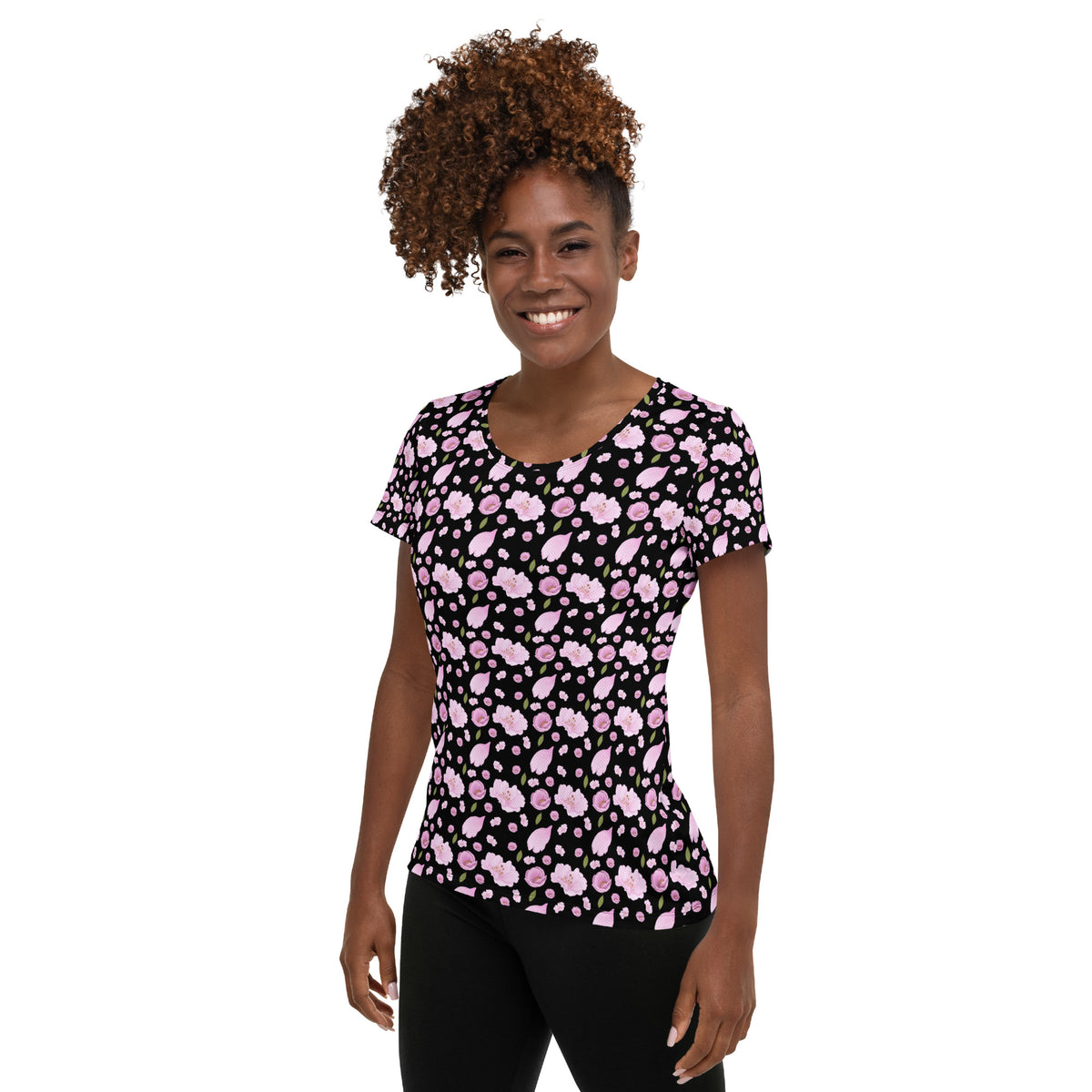 Women’s Black Blossom Athletic T-Shirt - Lightweight Moisture Wicking Workout Top With UPF 50+