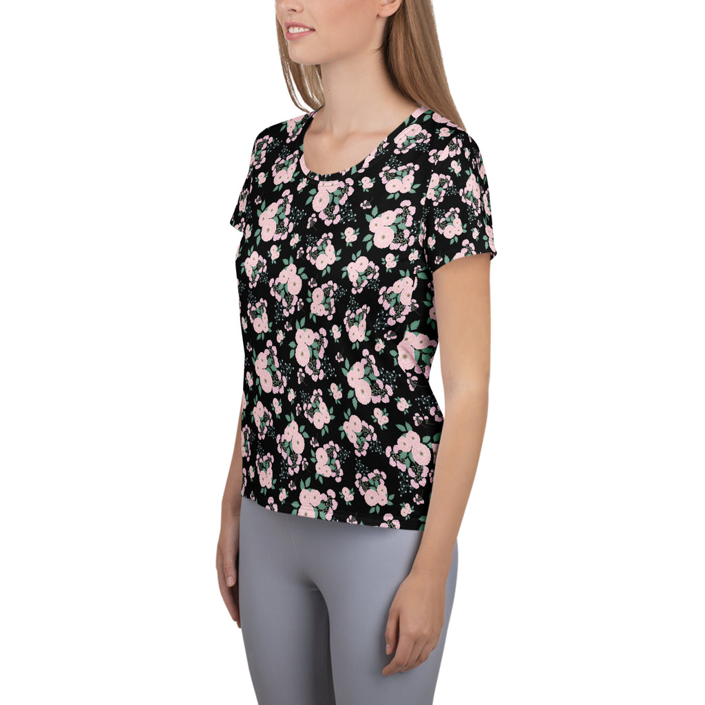 Women’s Pink Rose Floral Athletic T-Shirt - Lightweight Moisture Wicking Workout Top With UPF 50+