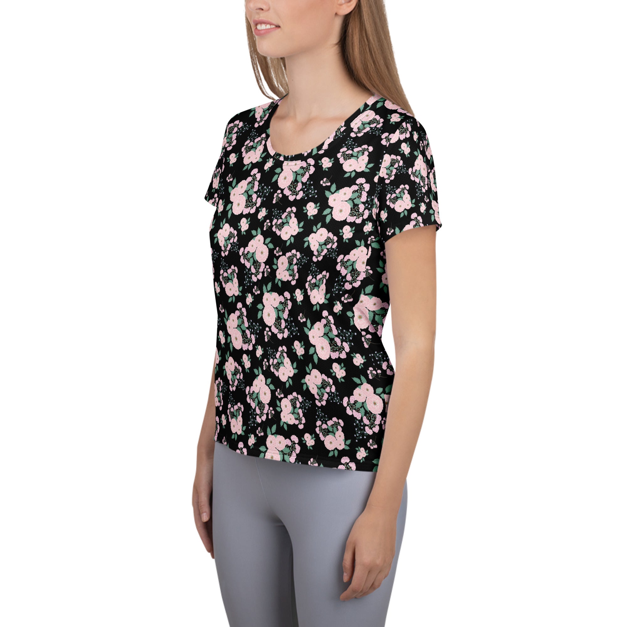 Women’s Pink Rose Floral Athletic T-Shirt - Lightweight Moisture Wicking Workout Top With UPF 50+