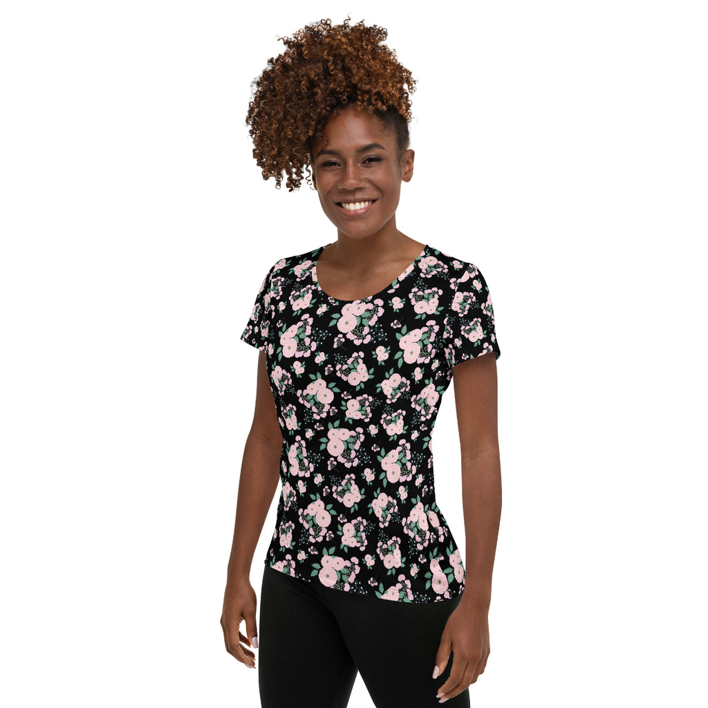 Women’s Pink Rose Floral Athletic T-Shirt - Lightweight Moisture Wicking Workout Top With UPF 50+